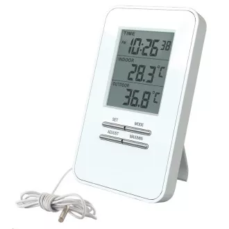 Trden termometer, temperatura, velik zaslon, datum, čas, bela barva