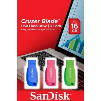 SanDisk Flash disk 16 GB Cruzer Blade (3 pakiranja, 3x 16 GB) USB 2.0, modra, zelena, roza