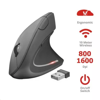 TRUST Mouse Verto brezžična ergonomska miška USB, črna