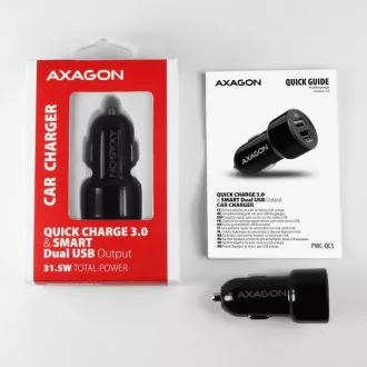 AXAGON PWC-QC5, hiter in pameten avtomobilski polnilnik, 2x vrata QC3.0/AFC/FCP   5V-2,6A, 31,5W