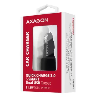 AXAGON PWC-QC5, hiter in pameten avtomobilski polnilnik, 2x vrata QC3.0/AFC/FCP   5V-2,6A, 31,5W