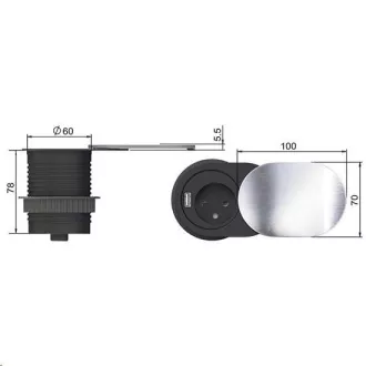 Solight 1x vgrajena vtičnica 1x USB z drsnim pokrovom, ovalni pokrov iz brušenega aluminija, podaljšek 1, 9 m Solight 1x vgrajena vtičnica 1x USB z drsnim pokrovom, ovalni pokrov iz brušenega aluminija, podaljšek 1, 9 m