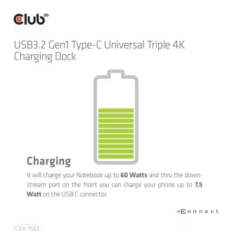 Club3D Priključna postaja USB 3.2 Type-C (5xUSB/USB-C/3xHDMI/2xDP/Ethernet/Audio) z univerzalnim trojnim napajalnikom 4K