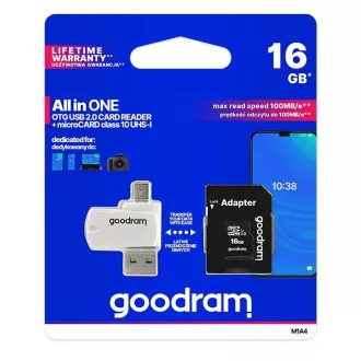 GOODRAM microSDHC kartica 16GB M1A4 Vse v enem (R:100/W:10 MB/s), UHS-I Class 10, U1   adapter   OTG bralnik kartic