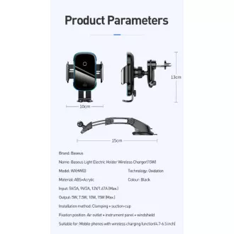 Baseus Light Električni avtomobilski nosilec z brezžičnim polnjenjem 15W Black Baseus Light Električni avtomobilski nosilec z brezžičnim polnjenjem 15W Black