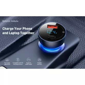 Baseus Particular Digital Display Dvojni avtomobilski adapter USB-A QC   USB-C 65W, siv