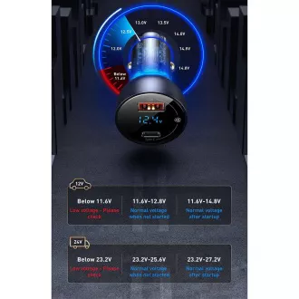 Baseus Particular Digital Display Dvojni avtomobilski adapter USB-A QC   USB-C 65W, siv