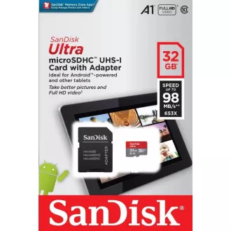 Kartica SanDisk MicroSDHC 32 GB Ultra (120 MB/s, A1 razred 10 UHS-I, pakiranje za Android - tablični računalnik, aplikacija Memory Zone)   adapter