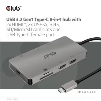 Club3D Priključna postaja 8v1 USB 3.2 tipa C (2xHDMI, 2xUSB-A, RJ45, SD/ Micro SD USB tipa C, 100W PD