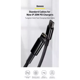 Baseus Tungsten Gold Kabel za hitro polnjenje / prenos podatkov USB-C z Lightning PD 20W 1m, črn