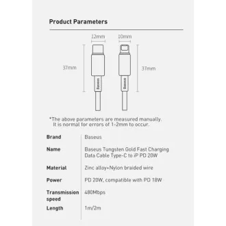 Baseus Tungsten Gold Kabel za hitro polnjenje / prenos podatkov USB-C z Lightning PD 20W 1m, črn