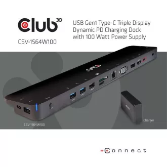 Club3D Priključna postaja USB-C 3.2 s trojnim zaslonom Napajalnik Dynamic PD, 100 W
