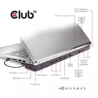 Club3D Priključna postaja USB-C 3.2 s trojnim zaslonom Napajalnik Dynamic PD, 100 W