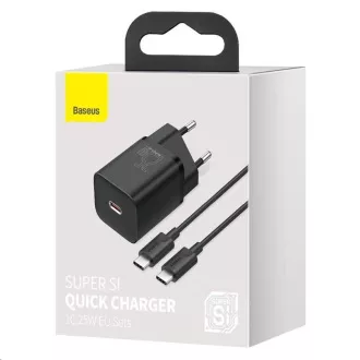 Baseus Super Si hitri polnilec 1C 25W EU   kabel Type-C/Type-C 3A 1m črn