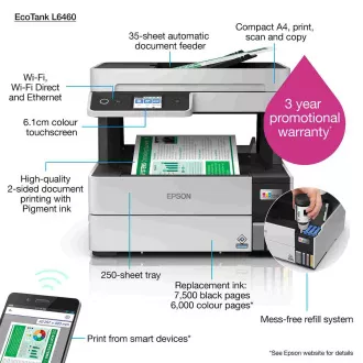 EPSON tiskalniško črnilo EcoTank L6460, 3v1, A4, 1200x4800dpi, 37 str/min, USB, obojestranski tisk, 5 let garancije po brezplačni registraciji