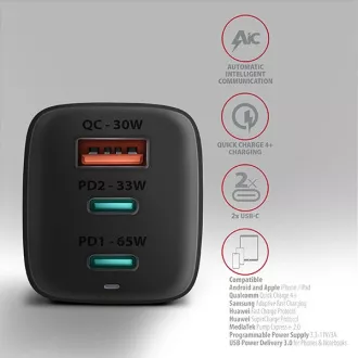 AXAGON ACU-DPQ65, omrežni polnilec GaN 65 W, 3 vhodi (USB-A dvojni USB-C), PD3.0/QC4 /PPS/Apple, črn AXAGON ACU-DPQ65, omrežni polnilec GaN 65 W, 3 vhodi (USB-A dvojni USB-C), PD3.0/QC4 /PPS/Apple, črn