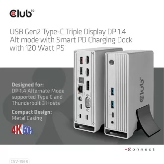 Club3D USB-C, trojni zaslon DP 1.4 Alt mode Displaylink Dynamic PD Charging Dock s 120 W PS