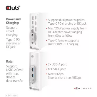 Club3D USB-C, trojni zaslon DP 1.4 Alt mode Displaylink Dynamic PD Charging Dock s 120 W PS