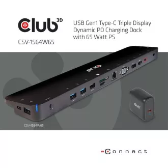 Club3D Priključna postaja USB-C s trojnim zaslonom Dynamic PD napajalnik, 65 W
