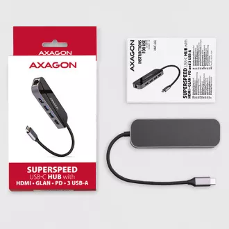 AXAGON HMC-6GL, vozlišče USB 3.2 Gen 1, 3x vrata USB-A, HDMI, RJ-45 GLAN, USB-C PD 60W, kabel USB-C 20cm