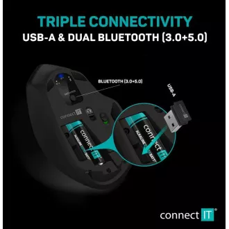 CONNECT IT Triple SmartSwitch brezžična miška, 2,4 GHz in BT, črna