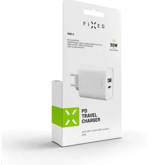 Omrežni polnilec FIXED, priključek USB-C USB-A, podpora PD, 30 W, bel Omrežni polnilec FIXED, priključek USB-C USB-A, podpora PD, 30 W, bel