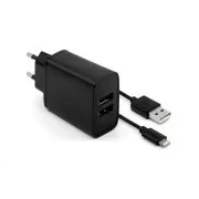 FIXED omrežni polnilec, priključek 2x USB-A, kabel USB -> Lightning (MFI) dolžine 1 m, 15 W, črn