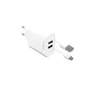 Fiksni omrežni polnilnik, 2x priključek USB-A, kabel USB -> micro USB dolžine 1 m, 15 W, bel