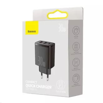 Baseus Kompaktni adapter za hitro polnjenje 2x USB-A, 1x Type-C 30W črn