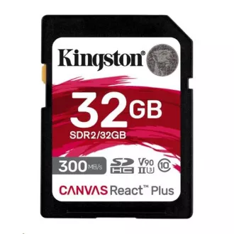 Kingstonova kartica SDHC 32GB Canvas React Plus SDHC UHS-II 300R/260W U3 V90 za Full HD/4K/8K