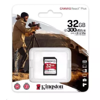 Kingstonova kartica SDHC 32GB Canvas React Plus SDHC UHS-II 300R/260W U3 V90 za Full HD/4K/8K
