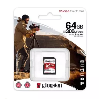 Kingston SDXC 64GB Canvas React Plus SDHC UHS-II 300R/260W U3 V90 za Full HD/4K/8K