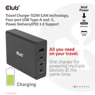 Club3D Potovalni polnilec 132 W s tehnologijo GAN, 4xUSB-A in USB-C, podpora PD 3.0