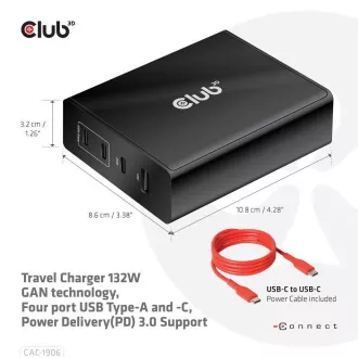 Club3D Potovalni polnilec 132 W s tehnologijo GAN, 4xUSB-A in USB-C, podpora PD 3.0