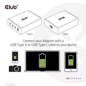 Club3D Potovalni polnilec 132 W s tehnologijo GAN, 4xUSB-A in USB-C, podpora PD 3.0