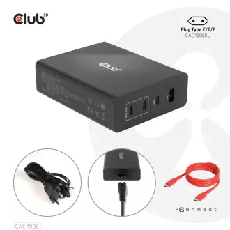 Club3D Potovalni polnilec 132 W s tehnologijo GAN, 4xUSB-A in USB-C, podpora PD 3.0