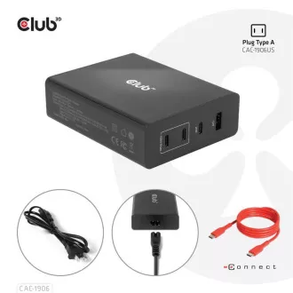 Club3D Potovalni polnilec 132 W s tehnologijo GAN, 4xUSB-A in USB-C, podpora PD 3.0