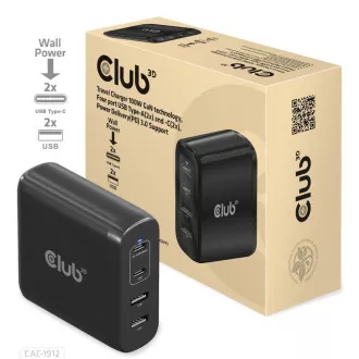 Club3D potovalni polnilec 100 W s tehnologijo GAN, 2xUSB-A in 2xUSB-C, podpora PD 3.0