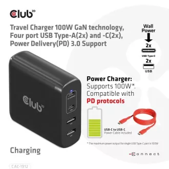 Club3D potovalni polnilec 100 W s tehnologijo GAN, 2xUSB-A in 2xUSB-C, podpora PD 3.0