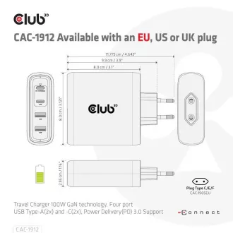 Club3D potovalni polnilec 100 W s tehnologijo GAN, 2xUSB-A in 2xUSB-C, podpora PD 3.0