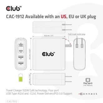 Club3D potovalni polnilec 100 W s tehnologijo GAN, 2xUSB-A in 2xUSB-C, podpora PD 3.0