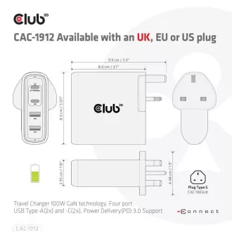 Club3D potovalni polnilec 100 W s tehnologijo GAN, 2xUSB-A in 2xUSB-C, podpora PD 3.0