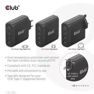 Club3D potovalni polnilec 100 W s tehnologijo GAN, 2xUSB-A in 2xUSB-C, podpora PD 3.0