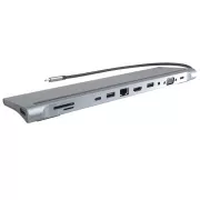 PREMIUMCORD Priključna postaja USB-C 10in1, 1xHDMI, 1xVGA, 2xUSB-C, 3xUSB, 1xRJ45, bralnik kartic SD, siva