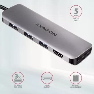 AXAGON HMC-HCR3A, vozlišče USB 3.2 Gen 1, 3x vrata USB-A, HDMI 4k/30Hz, SD/microSD, kabel USB-C 20 cm