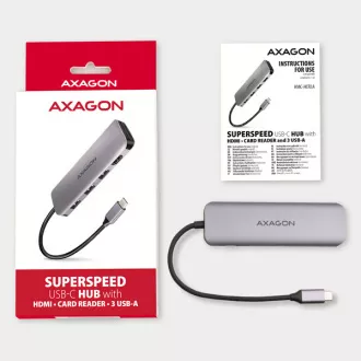 AXAGON HMC-HCR3A, vozlišče USB 3.2 Gen 1, 3x vrata USB-A, HDMI 4k/30Hz, SD/microSD, kabel USB-C 20 cm