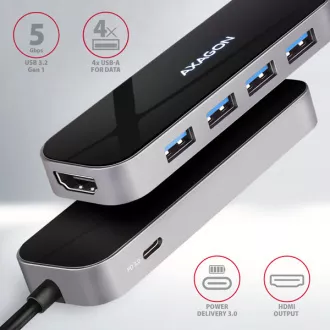 AXAGON HMC-6H4A, vozlišče USB 3.2 Gen 1, 4x vrata USB-A, HDMI 4k/30Hz, PD 100W, kabel USB-C 20cm AXAGON HMC-6H4A, vozlišče USB 3.2 Gen 1, 4x vrata USB-A, HDMI 4k/30Hz, PD 100W, kabel USB-C 20cm