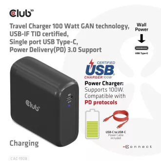 Club3D Potovalni polnilec 100 W s tehnologijo GAN, certifikat USB-IF TID, USB Type-C, podpora Power Delivery(PD) 3.0