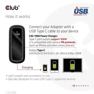 Club3D Potovalni polnilec 100 W s tehnologijo GAN, certifikat USB-IF TID, USB Type-C, podpora Power Delivery(PD) 3.0