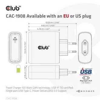 Club3D Potovalni polnilec 100 W s tehnologijo GAN, certifikat USB-IF TID, USB Type-C, podpora Power Delivery(PD) 3.0